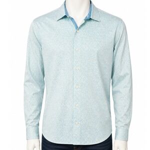 Perry Ellis Mens Blue Geometric Circle Print Cotton Long‎ Sleeve Button Down L